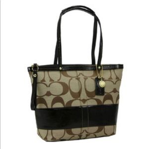 VINTAGE COACH STRIPE ZIP TOP TOTE IN SIGNATURE  CANVAS KHAKI/BROWN